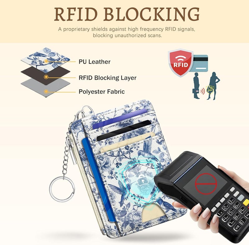 Kelvoris Bird Flowers Credit Card Holder Small Wallet Women, Slim RFID Blocking Wallet Woman Keychain with Zipper Coin Pocket, Front Pocket Thin Travel Card Case Organizer with ID Window Ladies Gifts - Image 4